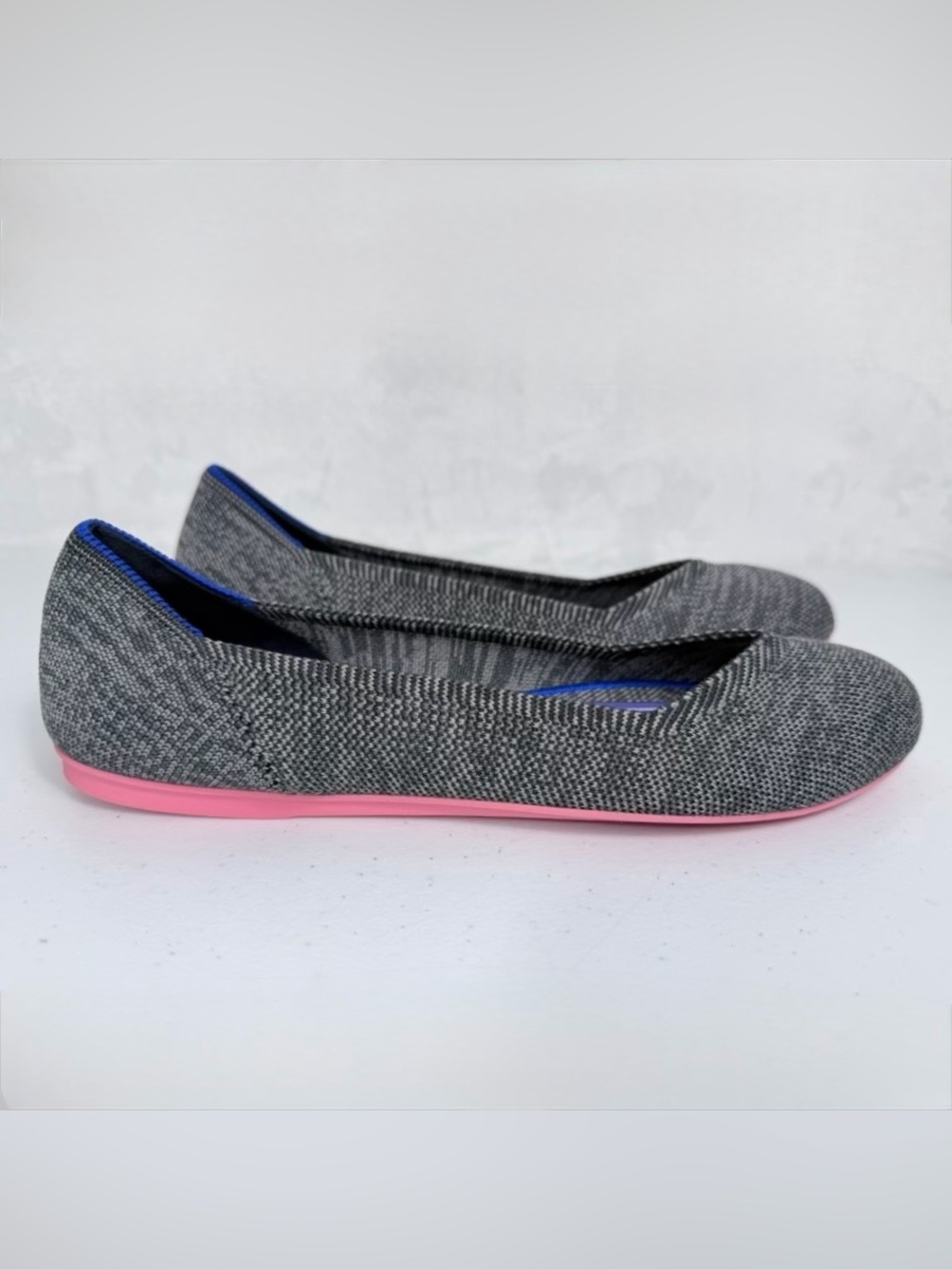 Rothy's Ballet Flats Charcoal Birdseye Grey Round Toe Pink Sole Women's Size 8